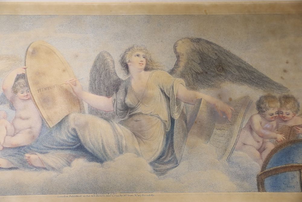 After Bartolozzi, stipple engraving, Angel and cherubs, 24 x 49cm, unframed